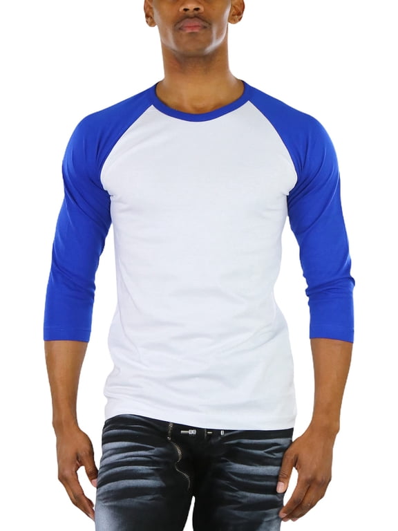Mens Sleeved Baseball Inspired Classic Shirt Tee - 3/4 Sleeve - Royal Blue/White - 2X-Large