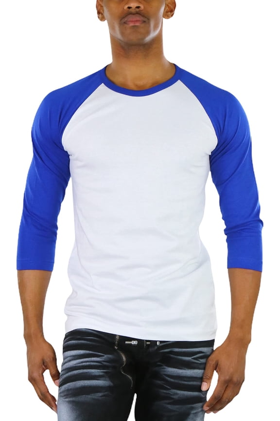 Mens Sleeved Baseball Inspired Classic Shirt Tee - 3/4 Sleeve - Royal Blue/White - Medium