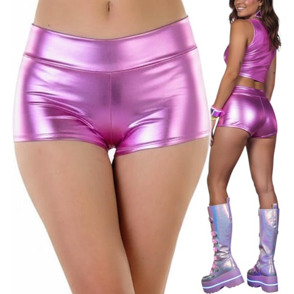 ToBeInStyle New Women's Seamless Polyester Metallic Mini Booty Shorts - Doll Pink - One Size: Regular