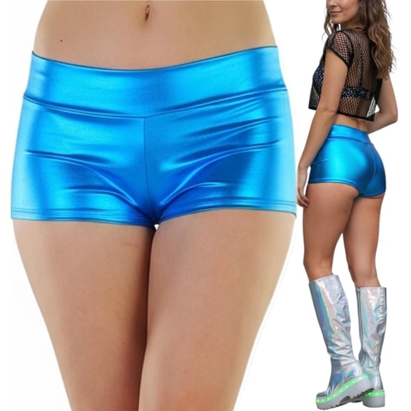 ToBeInStyle New Women's Seamless Polyester Metallic Mini Booty Shorts - Turquoise - One Size: Regular