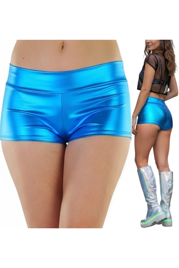 New Women's Seamless Polyester Metallic Mini Booty Shorts - Turquoise - One Size: Regular