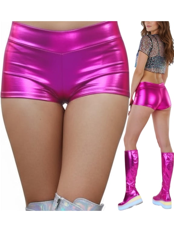 New Women's Seamless Polyester Metallic Plus Size Mini Booty Shorts Hot Pink