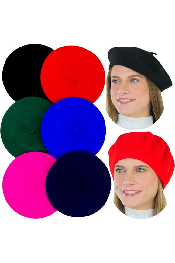 Unisex Pack of 6 Solid Color Assorted Wool French Berets - Classic Assortment - One Size
