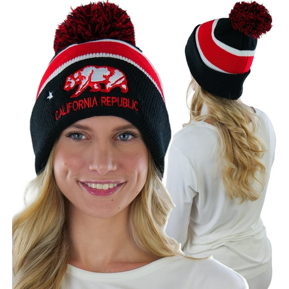 ToBeInStyle Unisex Soft Stretchy Beanies - California Republic Print - Black W/Red Stripe - One Size