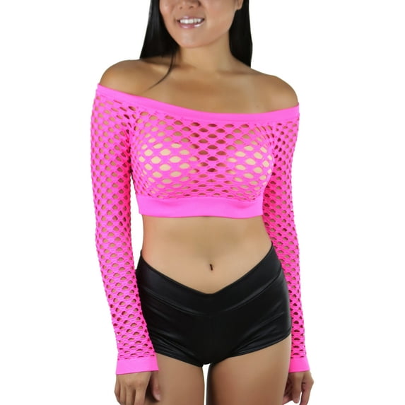 ToBeInStyle Women Stretch Fishnet Long Sleeve Rave See-Through Novelty Crop Top