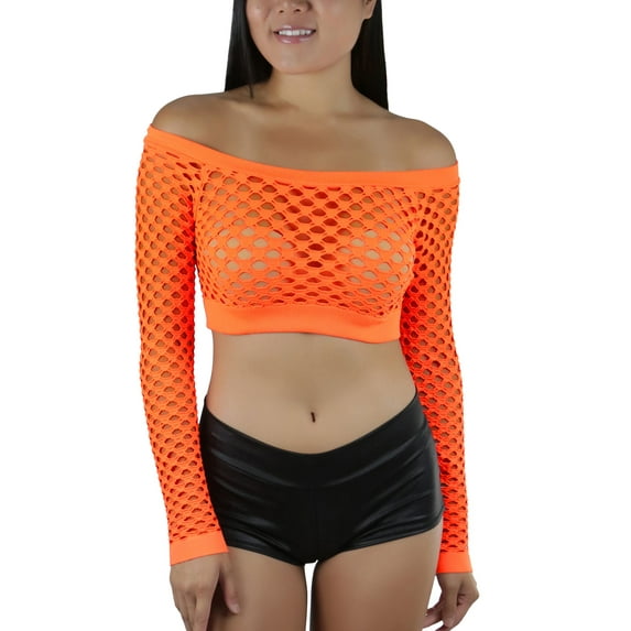 ToBeInStyle Women Stretch Fishnet Long Sleeve Rave See-Through Novelty Crop Top