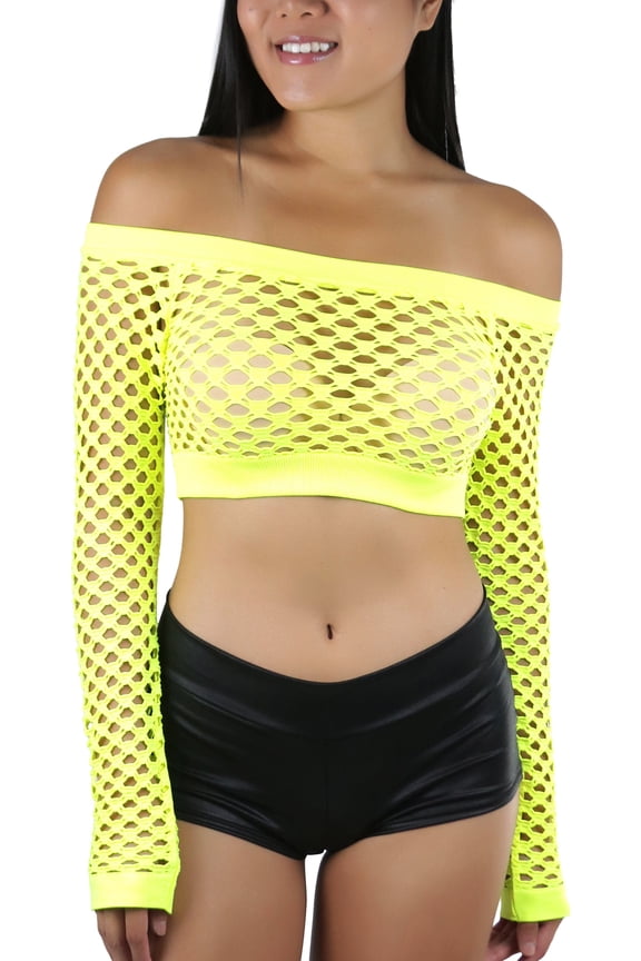Women Stretch Fishnet Long Sleeve Rave See-Through Novelty Crop Top