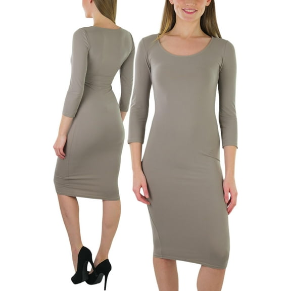 ToBeInStyle Women's 3/4 Sleeve Knee Length Round Neck Dress - Taupe - Large