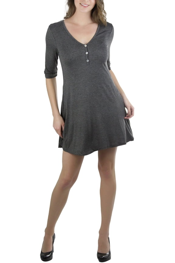 Women's 3 Front Button Elbow Sleeve Trapeze Tunic