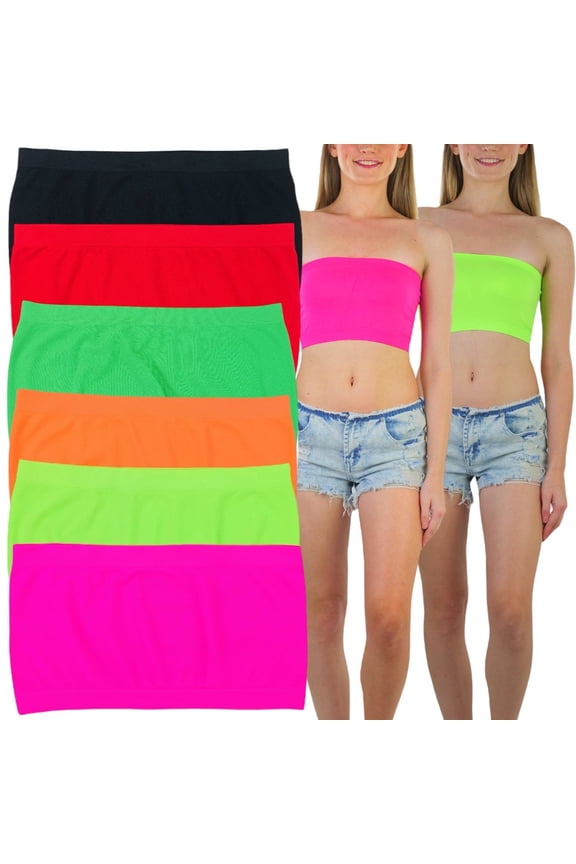 Women's 3-Pack Deep Blend Seamless Microfiber Bandeau Strapless Tube Top Bras Wire Free No Pad - Neon Color - OS