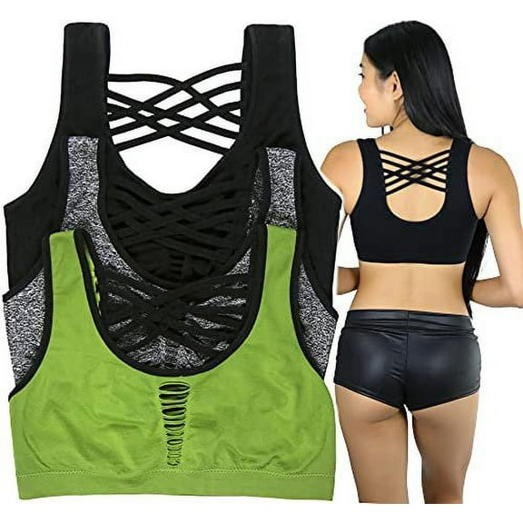 ToBeInStyle Women's 3Pk Seamless Sports Bra with Strappy Back - Pla - S/M