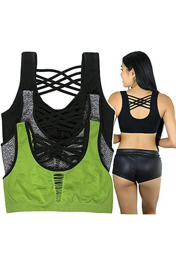 Women's 3Pk Seamless Sports Bra with Strappy Back - Pla - S/M