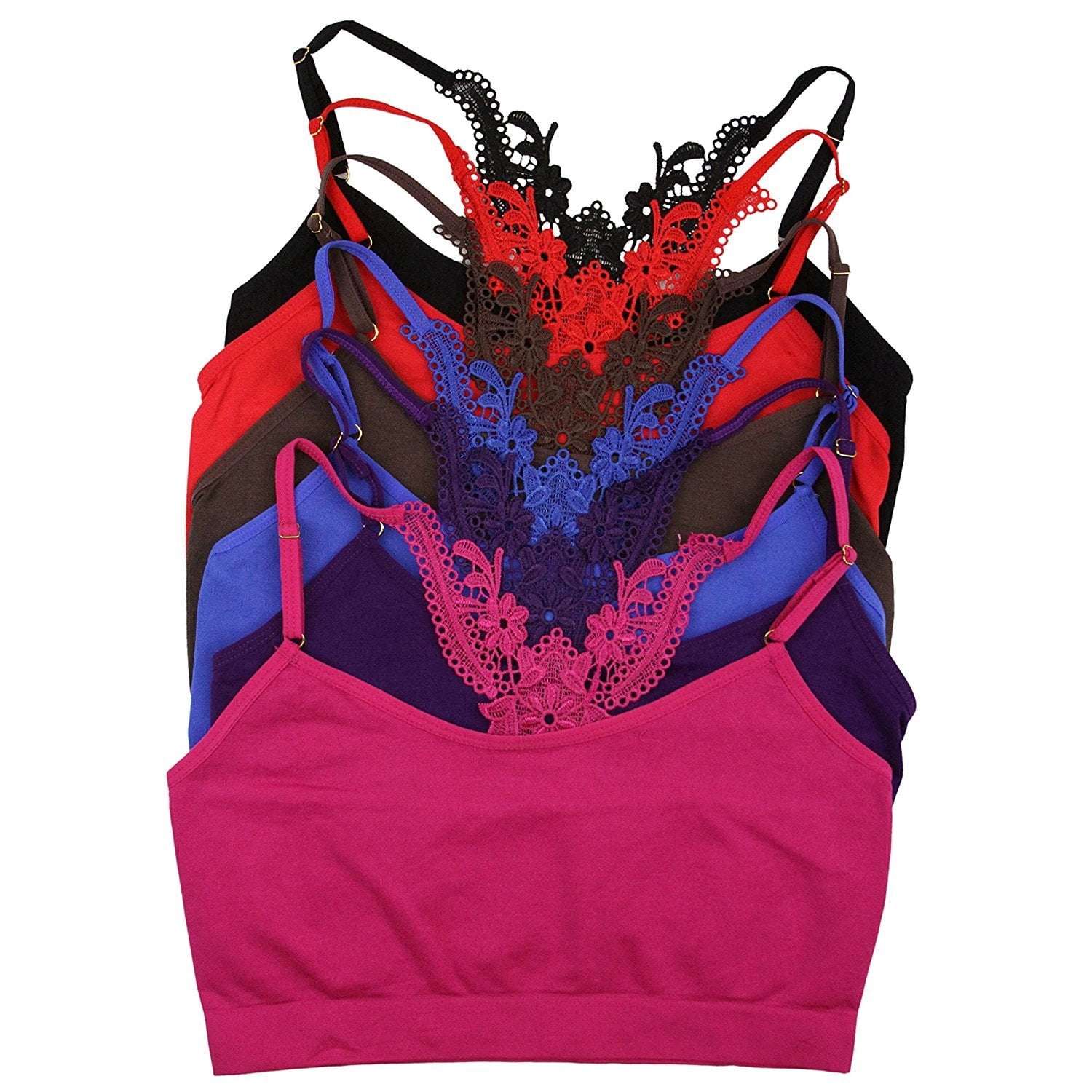 ToBeInStyle Women's 6 Pack Seamless Bralettes Floral Lace Back ...