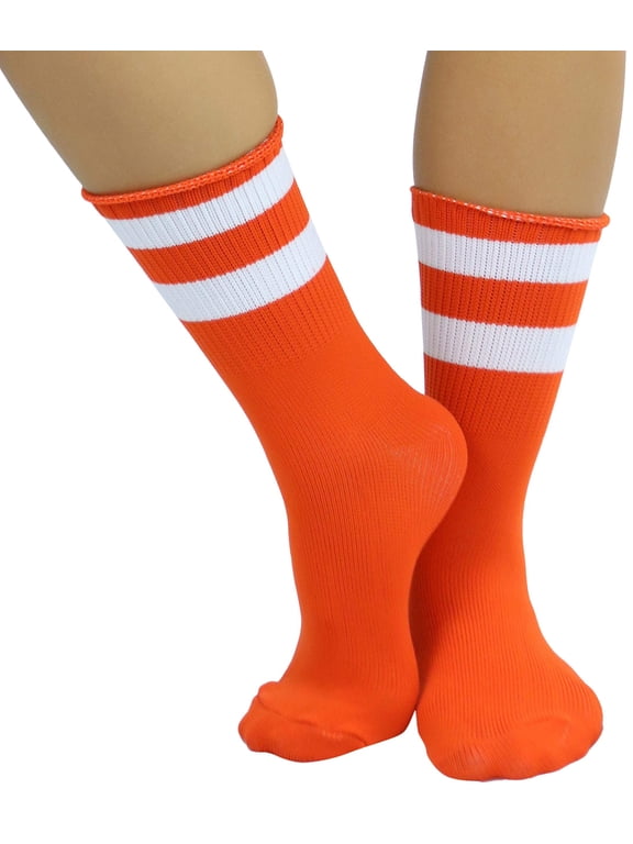 Women's Acrylic Ankle High w/ Striped Top Athletic Socks - Orange/White