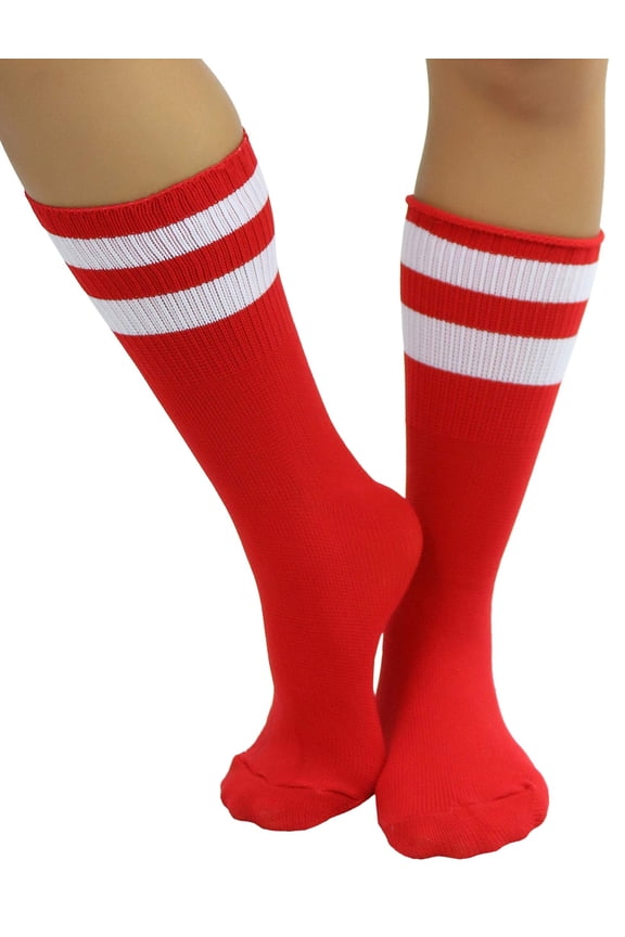 Women's Acrylic Ankle High w/ Striped Top Athletic Socks - Red/White