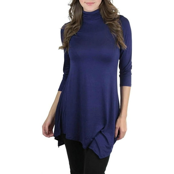 ToBeInStyle Women's Angled Hem Turtleneck Longline Top - Navy - S