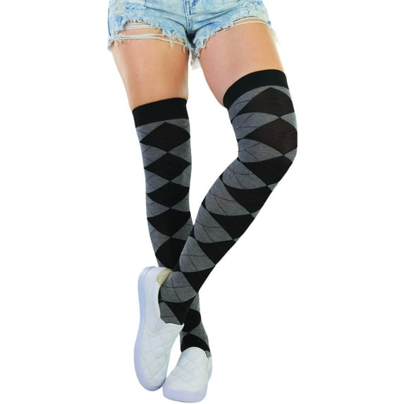 ToBeInStyle Women's Argyle Over the Knee Socks - Grey