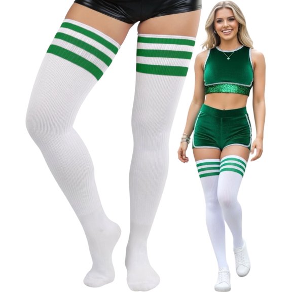 ToBeInStyle Women's Athlete Acrylic Thigh High w/ Triple Striped Top - White/Kelly Green