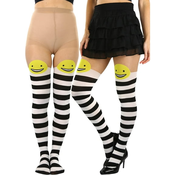 ToBeInStyle Women's Black and White Striped Pantyhose with Yellow Smiley Face Print - As Shown - One Size