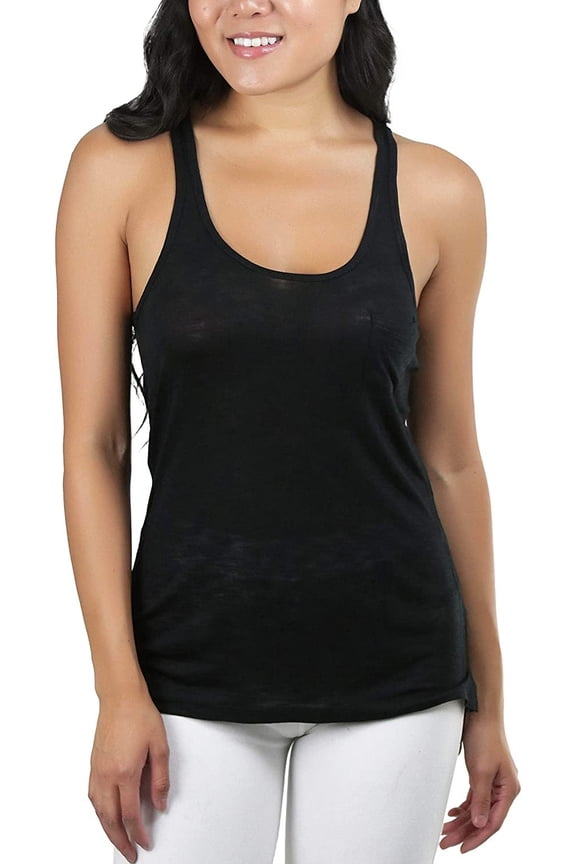 Women's Burnout Racerback Active Tank Top - Black with Pockets - Small