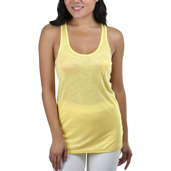 ToBeInStyle Women's Burnout Racerback Active Tank Top - Yellow with Pockets - Small
