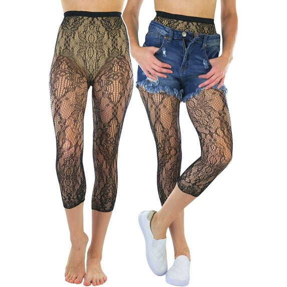 ToBeInStyle Women's Capri Footless Tights Garden of Flowers Fishnet - One Size
