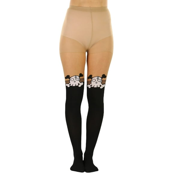 ToBeInStyle Women's Cartoon Skull Print Thigh Hi Look Spandex - Beige/Black/White - One Size