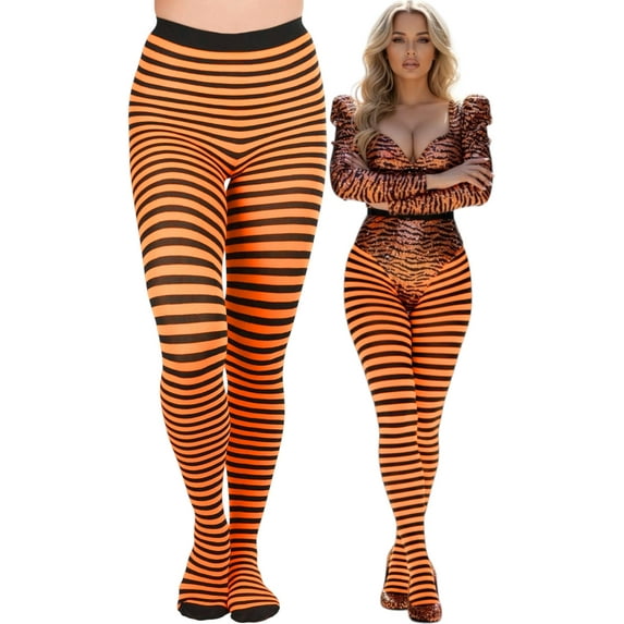 ToBeInStyle Women's Colorful Opaque Striped Tights Pantyhose Stocking Hosiery - Black/Neonorange - One Size Plus