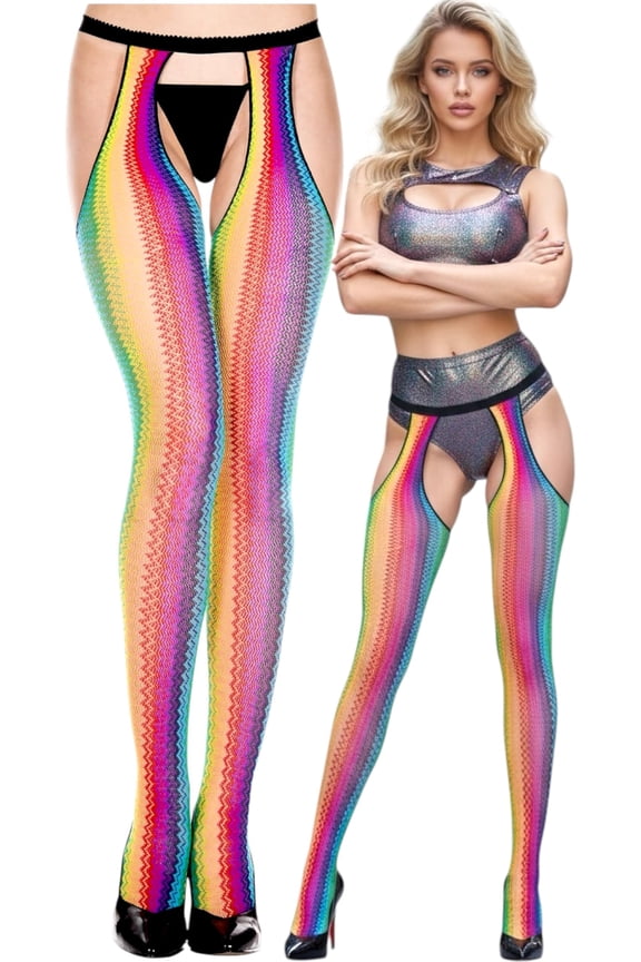 Women's Colorful Rainbow Zig Zag Print Nylon Suspender Cutout Pantyhose - One Size