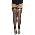 thumbnail image 1 of ToBeInStyle Women's Contrast Backseam With Top Satin Bow Spandex Fishnet Thigh Highs - Black/White - One Size, 1 of 6