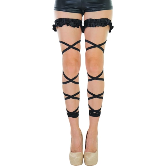 ToBeInStyle Women's Criss Cross Tie Garter Strings w/ Satin Ruffle Top - Black