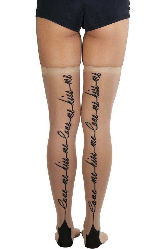 Women's Cuban Heel Thigh High w/ "Love me, Kiss me" Print On Back - Beige - One Size