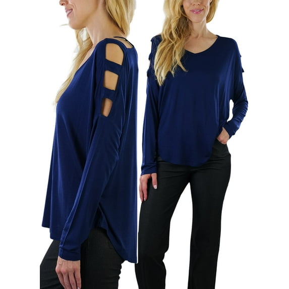 ToBeInStyle Women's Cutout Shoulders and V-Neck Long Sleeve Top