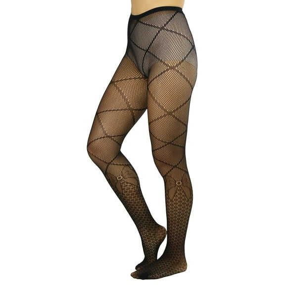 ToBeInStyle Women's Diamond Knee Hi Prine and Faux with Bow Accent Pantyhose - Black - One Size