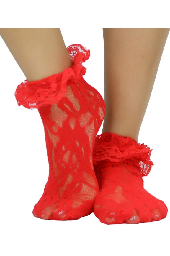 Women's Elegant Lace Anklet Fashion Socks w/ Ruffle Cuff - Red - One Size