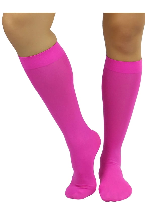 Women's Fashion Opaque Nylon Knee High Socks - Neon Pink