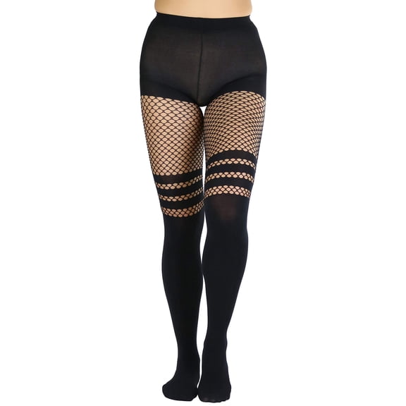 ToBeInStyle Women's Faux Thigh High Fishnet Combo Pantyhose - Black