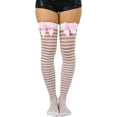 thumbnail image 1 of ToBeInStyle Women's Feminine Soft Pastel Sheer and Opaque Striped Thigh High w/ Bow - White with Baby Pink Bow - One Size, 1 of 7
