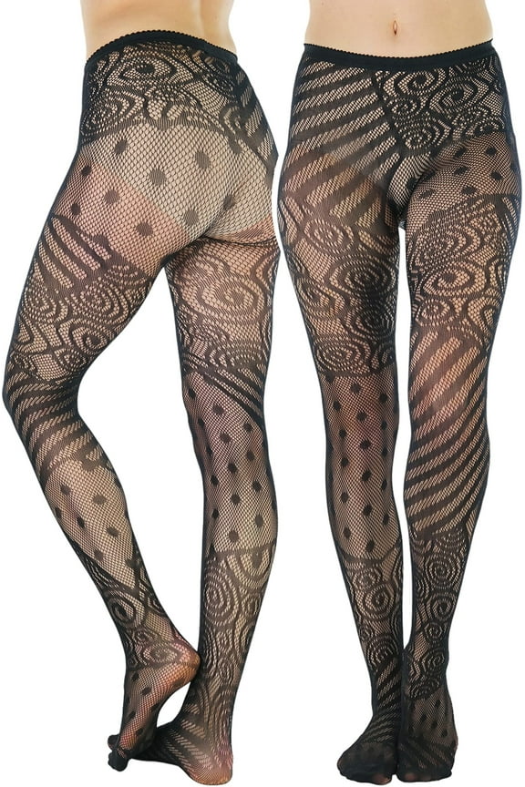 Women's Fine Fishnet Seamless Tights - Patchwork Patterns - Black - One Size