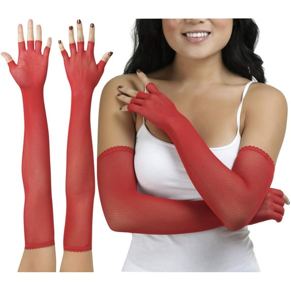 ToBeInStyle Women's Fishnet 100% Nylon Arm Length Glove Warmers - Red