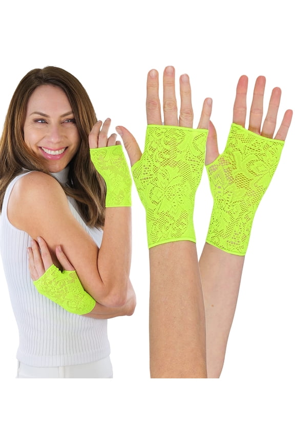 Women's Fishnet Floral Lace Gloves - One Size - Neon Green