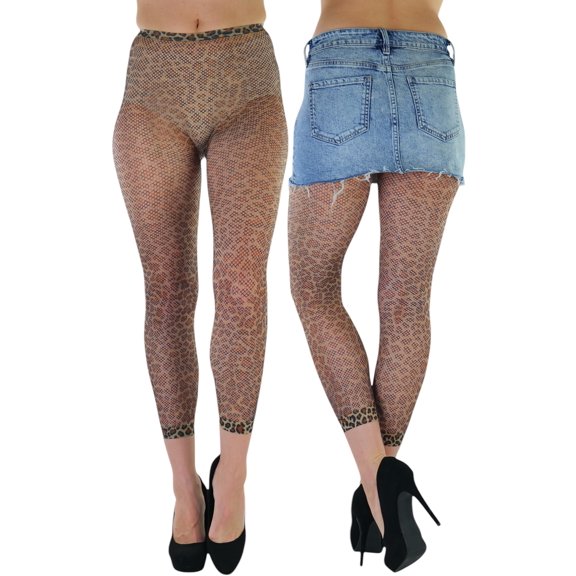 ToBeInStyle Women's Fishnet Opaque Leopard Print Footless Tights - Coffee