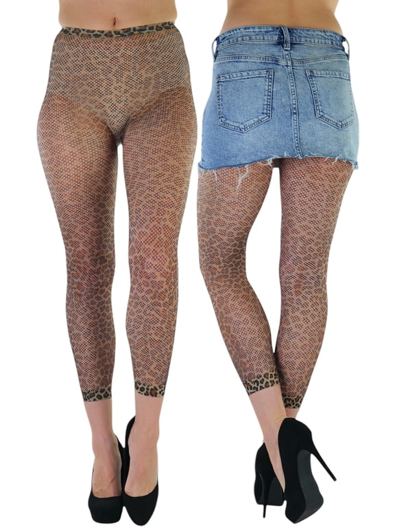 Women's Fishnet Opaque Leopard Print Footless Tights - Coffee