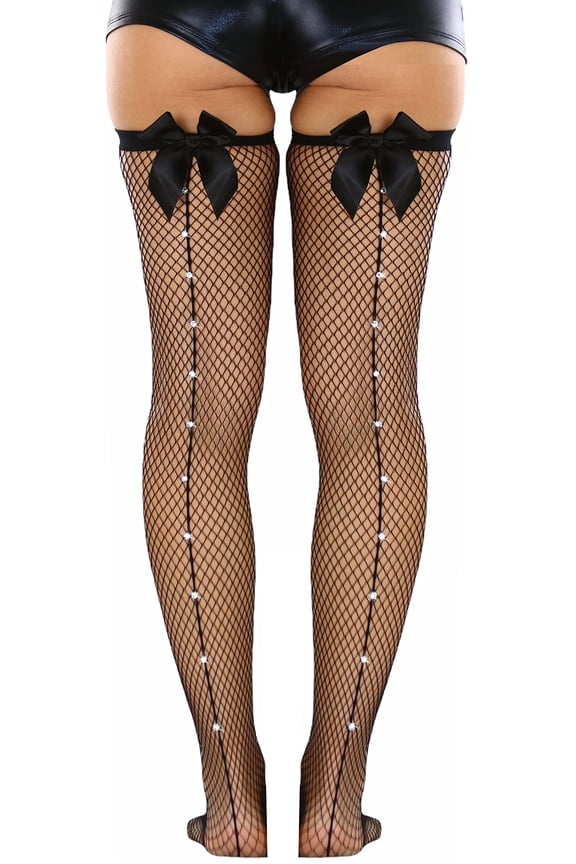 Women's Fishnet Thigh High Stockings w/ Jeweled Rhinestone Backseam and Satin Bow - Black - One Size