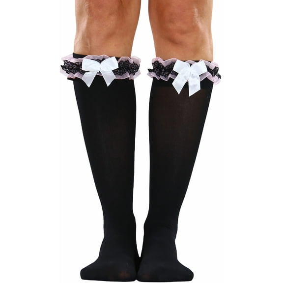 ToBeInStyle Women's Flirty Knee High Fashion Socks w/ Ruffled Top - Black & Pink