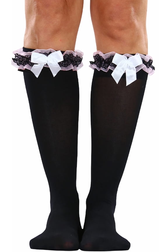 Women's Flirty Knee High Fashion Socks w/ Ruffled Top - Black & Pink