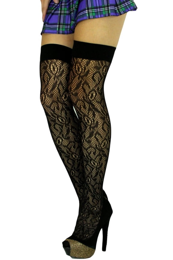 Women's Floral Fine Fishnet Thigh High Stockings - Black