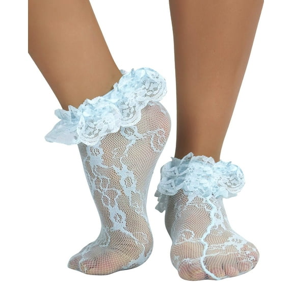 ToBeInStyle Women's Floral Lace Ruffle Trim Ankle High Socks - Baby Blue