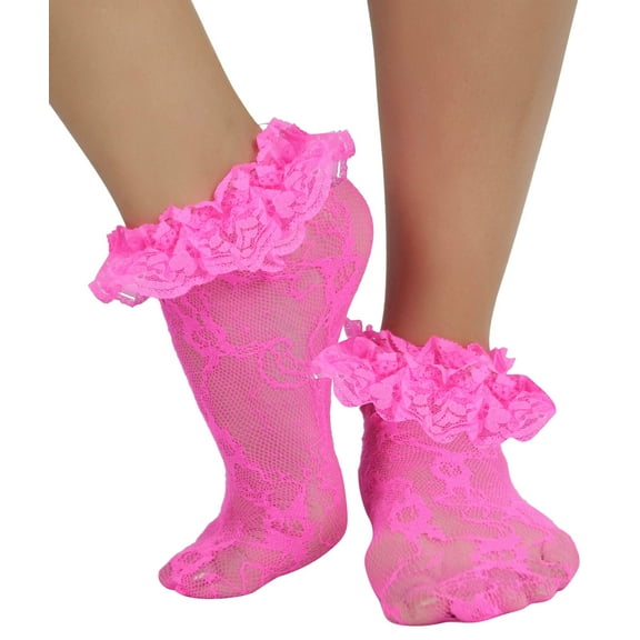 ToBeInStyle Women's Floral Lace Ruffle Trim Ankle High Socks - Hot Pink