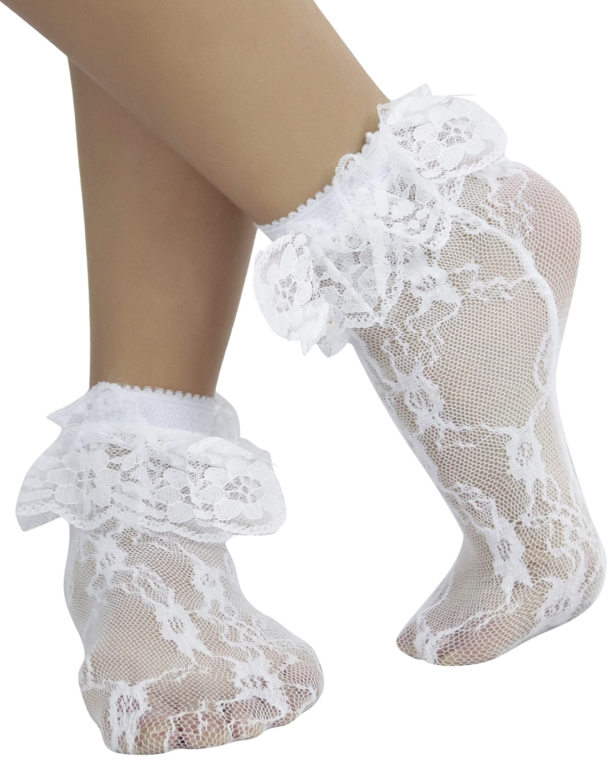 ToBeInStyle Women's Floral Lace Ruffle Trim Ankle High Socks White — free download